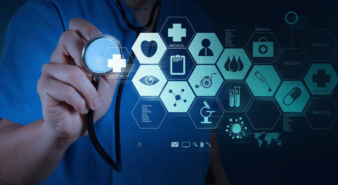 Healthcare and biotech concept featuring doctor holding a stethoscope with digital data elements