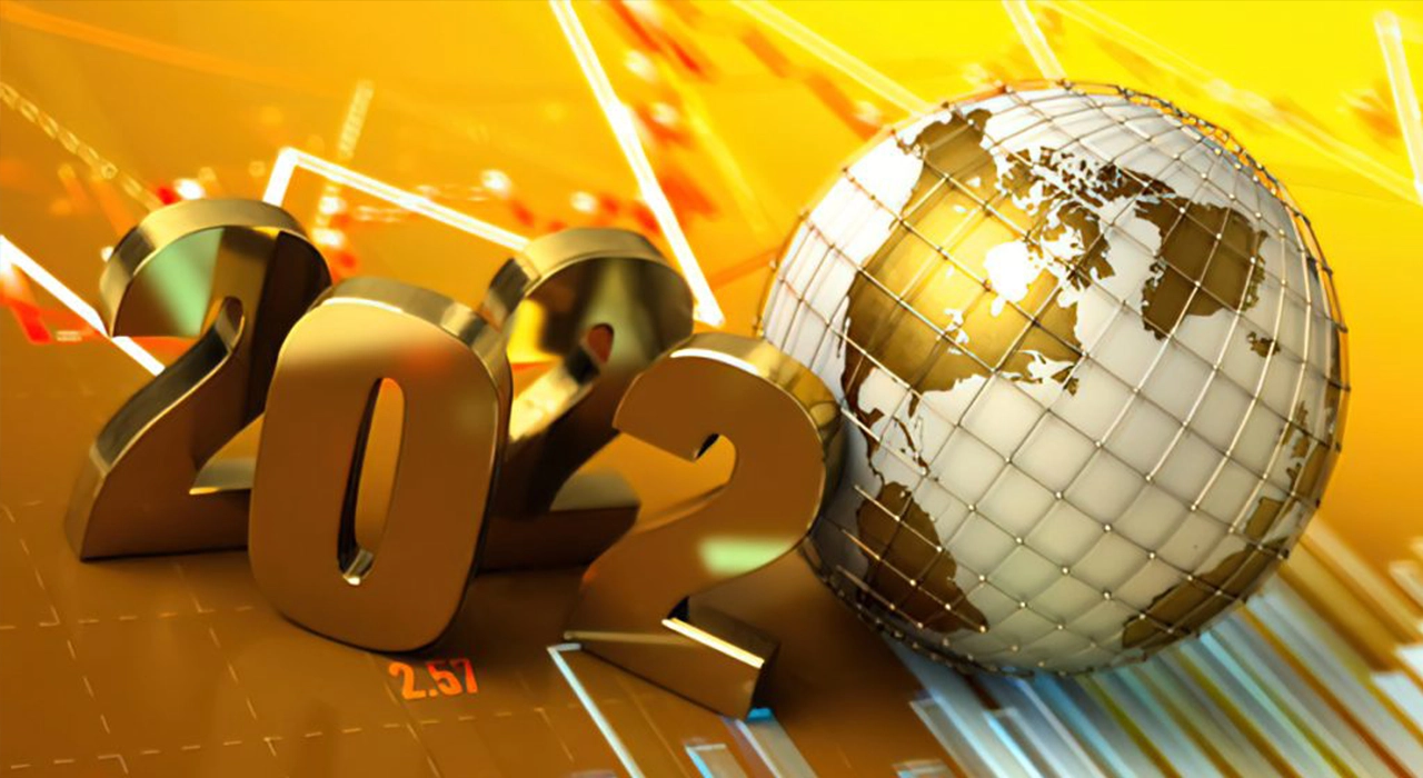 Golden globe/earth showing financial data in 2022