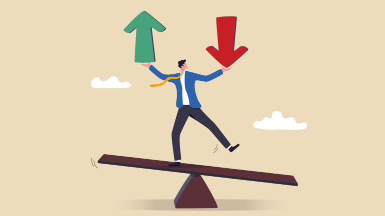 Flat illustration of a person holding upward and downward arrows representing gain and loss, balancing on a seesaw symbolizing investment risk