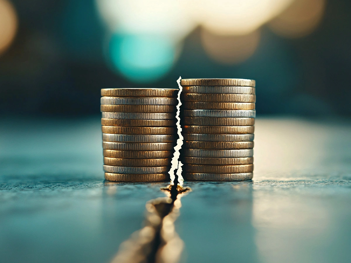 Stacks of coins separated by a crack on a surface, symbolizing financial divide or instability.