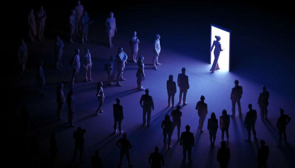 Illustration of an open door with a person entering, symbolizing navigating financial challenges and exploring future opportunities in the biotech industry