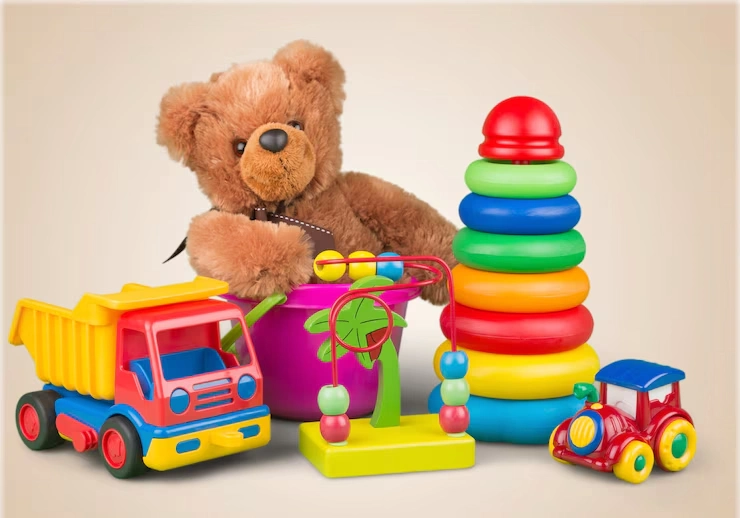 Toys including a teddy bear representing the biopharma and toy tariff discussion